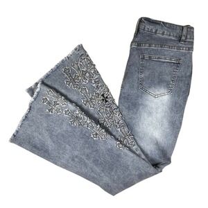 Y2K Jeans Grunge 13/31 Super Soft Rayon Denim Cross Embroidered Flare Fringe
